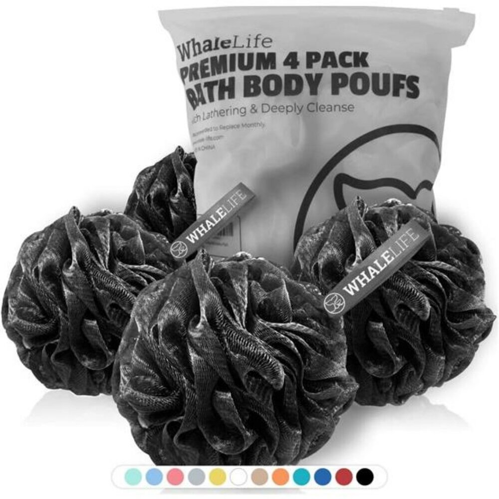 Shower Loofah Puff 4 Pack Black Bath Sponge Bamboo Charcoal Mesh Body Scrubber